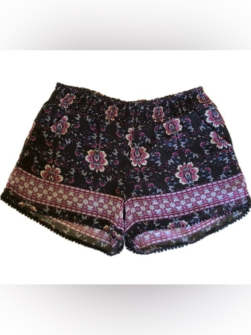 Maurices Black Floral High-Waist Elastic Shorts Pompom Edging Sz Med Lined Flowy
